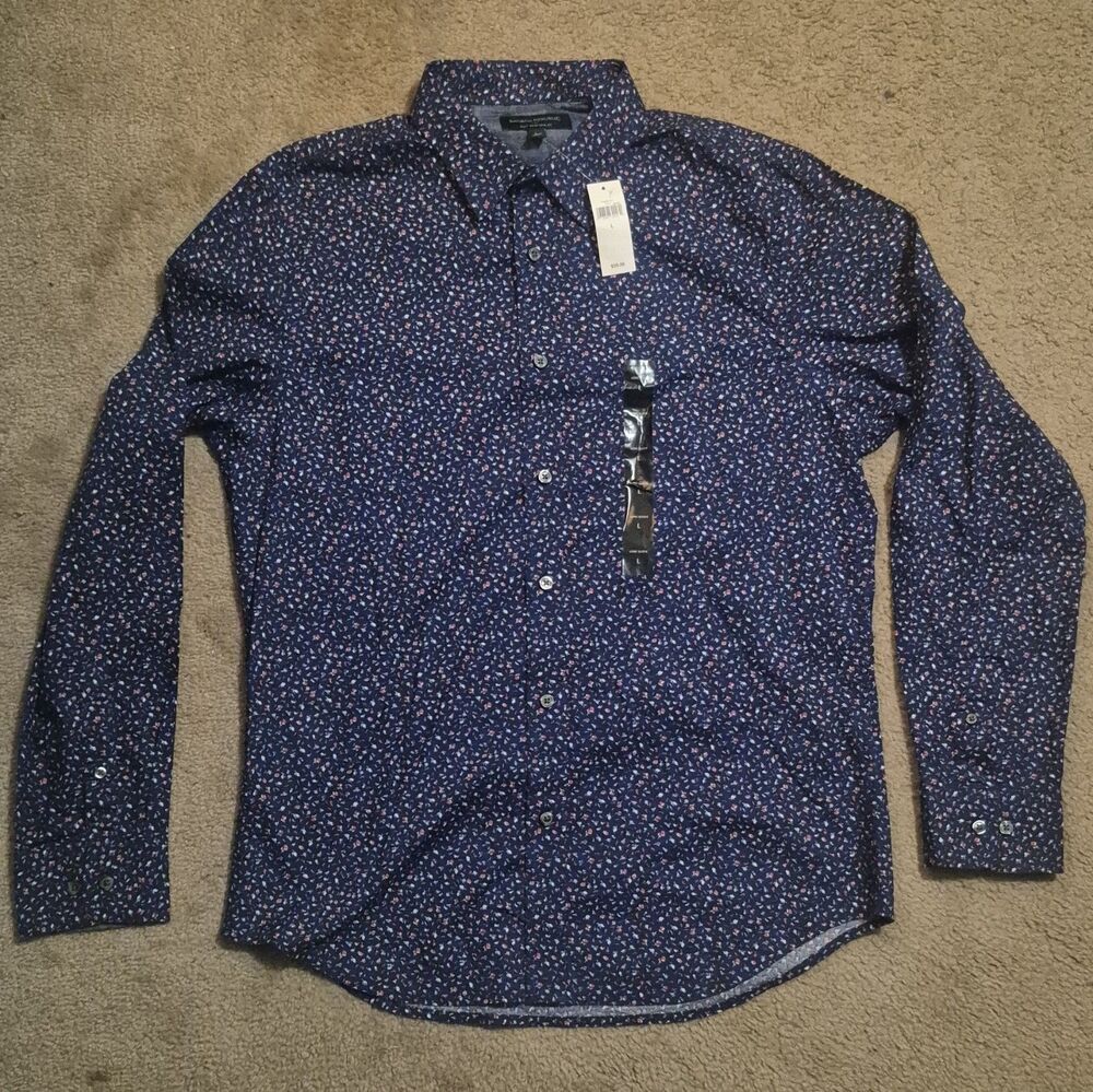Banana Republic Soft Wash Slim Fit Floral Shirt Navy Red Men's L Long Sleeve